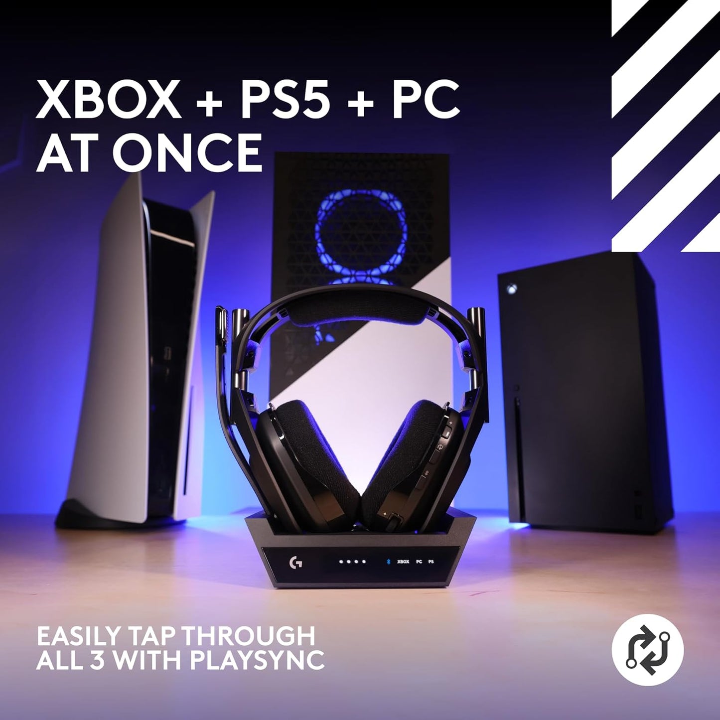 Logitech G Astro A50 X Omni-Platform Wireless Gaming Headset + Base Station for PS5, Xbox, PC: PLAYSYNC Video & Audio Switcher, HDMI 2.1 4K 120Hz VRR, <24 bit/48 kHz, 24hr Battery, 2.4GHz & BT - Black