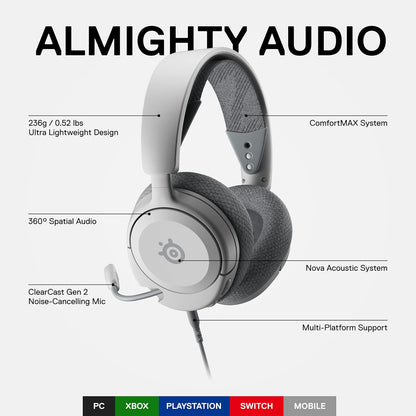SteelSeries Arctis Nova 1 Multi-System Gaming Headset — Hi-Fi Drivers — 360° Spatial Audio — Comfort Design — Durable — Ultra Lightweight — Noise-Cancelling Mic — PC, PS5/PS4, Switch, Xbox - White