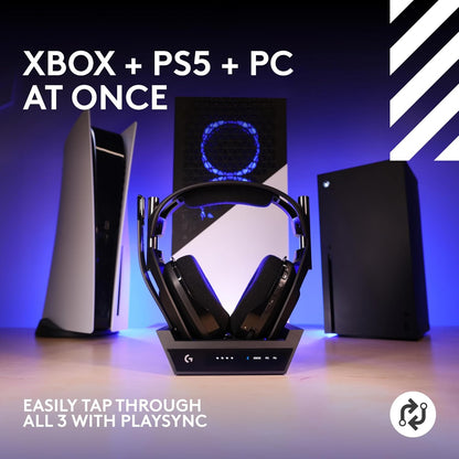 Logitech G Astro A50 X Omni-Platform Wireless Gaming Headset + Base Station for PS5, Xbox, PC: PLAYSYNC Video & Audio Switcher, HDMI 2.1 4K 120Hz VRR, <24 bit/48 kHz, 24hr Battery, 2.4GHz & BT - Black
